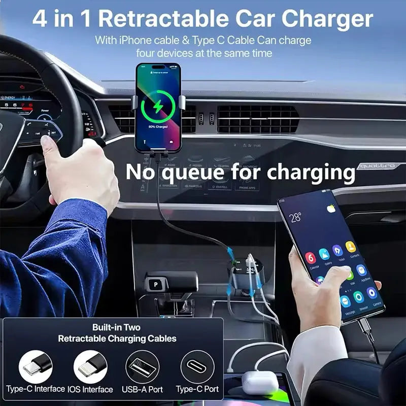 4 IN 1 Retractable Car Charger Mobile Phone USB Type C Cable For LYNK&CO 01 EM-P EM-F 02 Hatchback 03 05 06 PHEV 08 09 MHEV TecnoValet