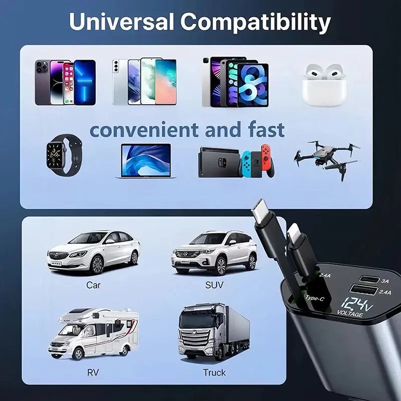 4 IN 1 Retractable Car Charger Mobile Phone USB Type C Cable For LYNK&CO 01 EM-P EM-F 02 Hatchback 03 05 06 PHEV 08 09 MHEV TecnoValet