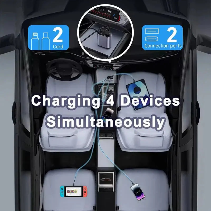 4 IN 1 Retractable Car Charger Mobile Phone USB Type C Cable For LYNK&CO 01 EM-P EM-F 02 Hatchback 03 05 06 PHEV 08 09 MHEV TecnoValet