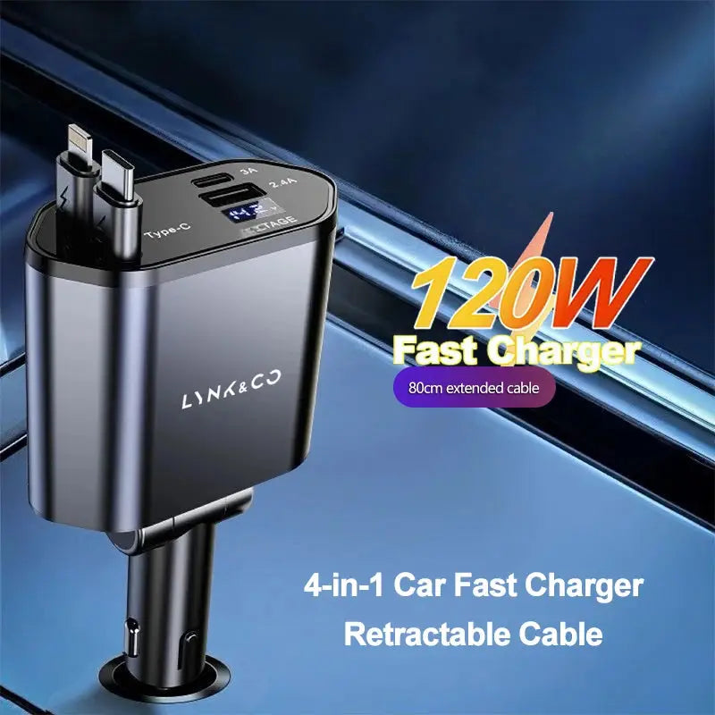 4 IN 1 Retractable Car Charger Mobile Phone USB Type C Cable For LYNK&CO 01 EM-P EM-F 02 Hatchback 03 05 06 PHEV 08 09 MHEV TecnoValet