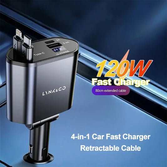 4 IN 1 Retractable Car Charger Mobile Phone USB Type C Cable For LYNK&CO 01 EM-P EM-F 02 Hatchback 03 05 06 PHEV 08 09 MHEV TecnoValet