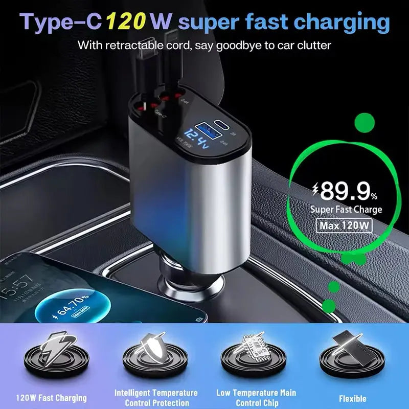 4 IN 1 Retractable Car Charger Mobile Phone USB Type C Cable For LYNK&CO 01 EM-P EM-F 02 Hatchback 03 05 06 PHEV 08 09 MHEV TecnoValet