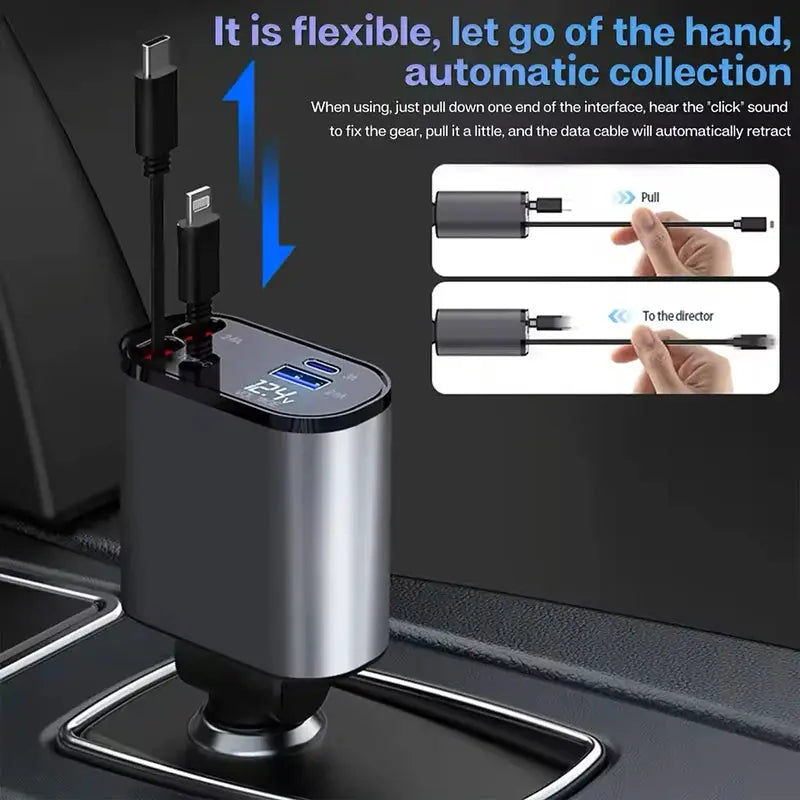 4 IN 1 Retractable Car Charger Mobile Phone USB Type C Cable For LYNK&CO 01 EM-P EM-F 02 Hatchback 03 05 06 PHEV 08 09 MHEV TecnoValet