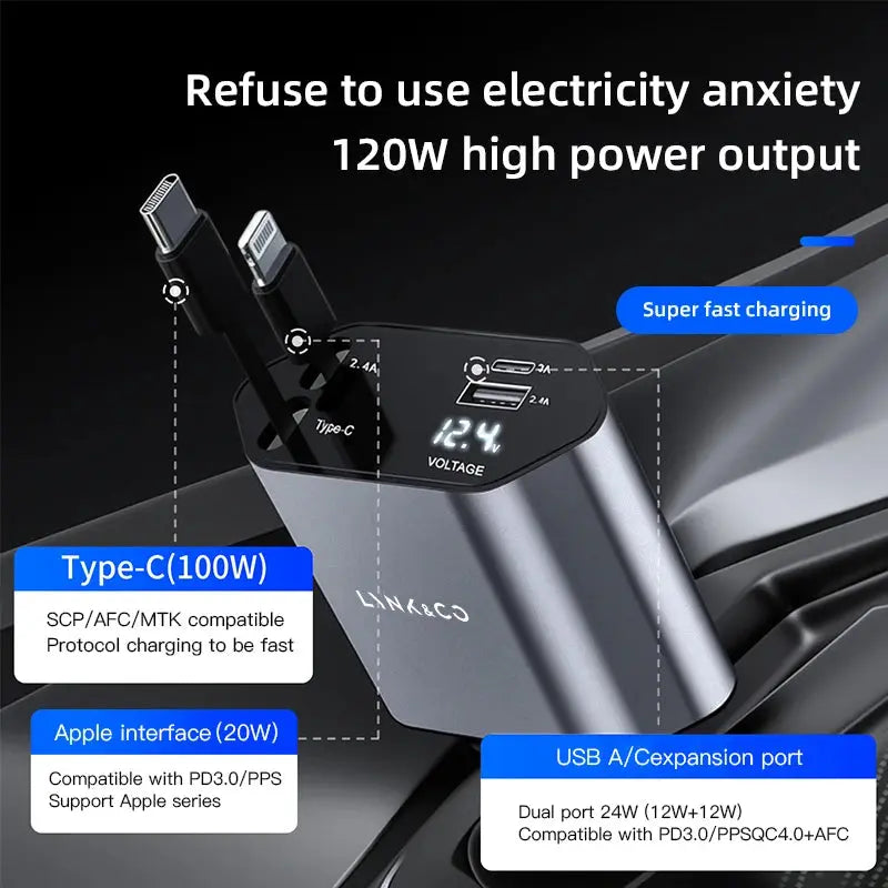 4 IN 1 Retractable Car Charger Mobile Phone USB Type C Cable For LYNK&CO 01 EM-P EM-F 02 Hatchback 03 05 06 PHEV 08 09 MHEV TecnoValet